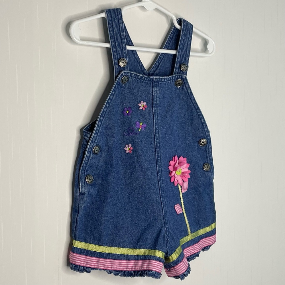 Y2K Denim Embroidered Flower Butterfly Shortall Romper Toffee Apple 12 M - Picture 2 of 14